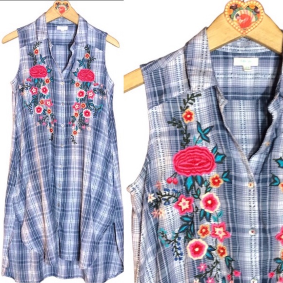 Kyla Seo Shirtdress Blue Plaid Sleeveless Floral Embroidery - Picture 1 of 11